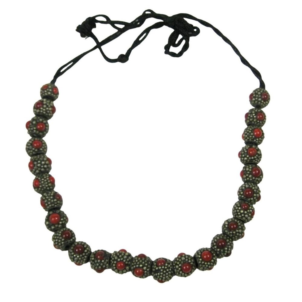 Handmade Tribal Beaded Necklace Red Glass Cabochon Adj Artisan 15 In Boho Hippie
